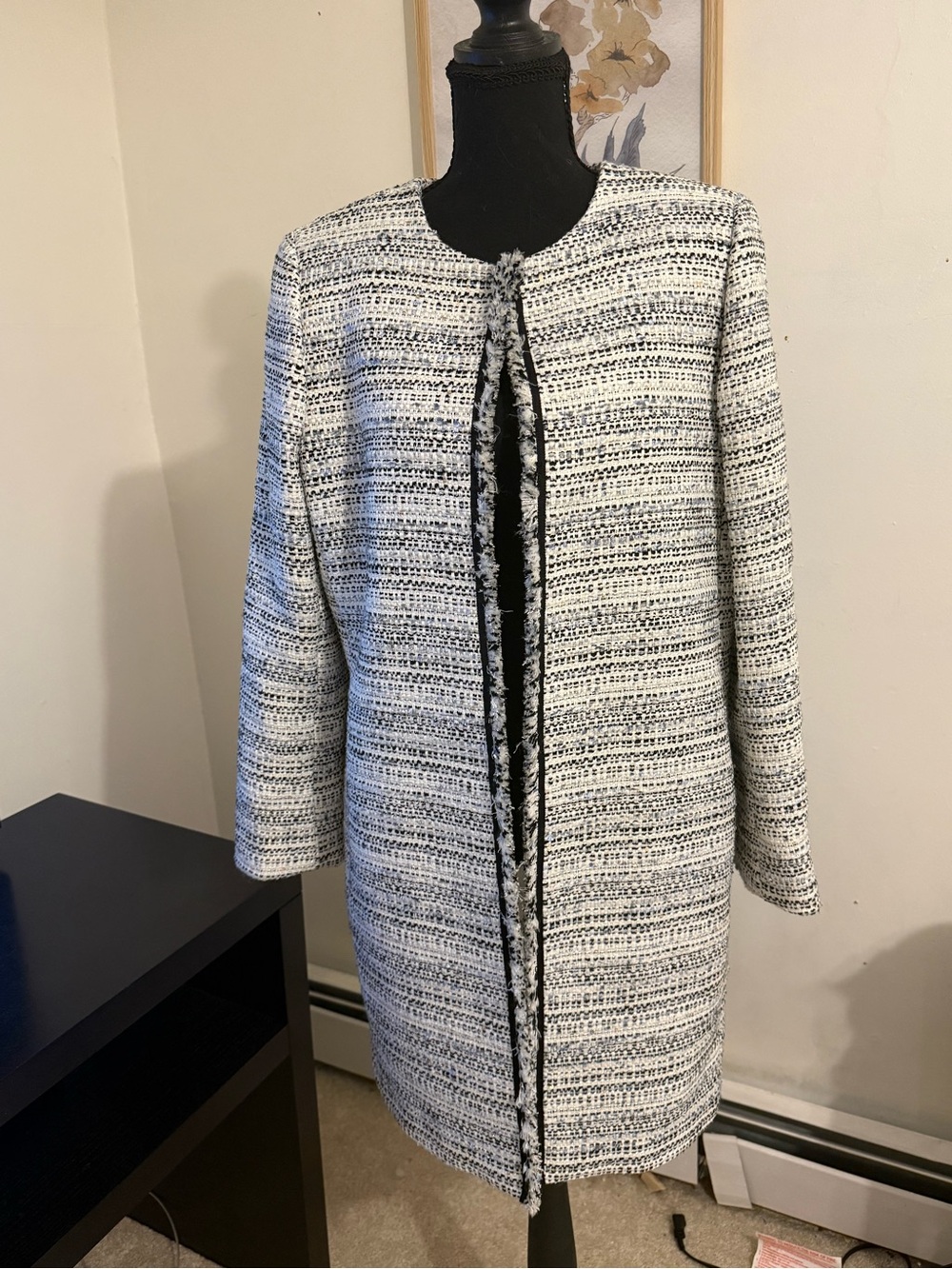 Tahari Black & White Tweed Long Pea Coat